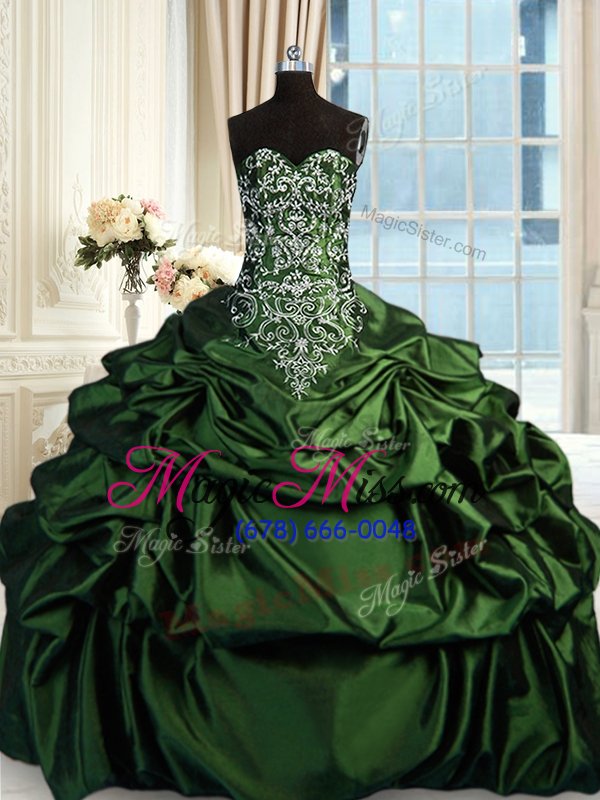 wholesale sumptuous olive green taffeta zipper sweetheart sleeveless floor length vestidos de quinceanera beading and embroidery and pick ups