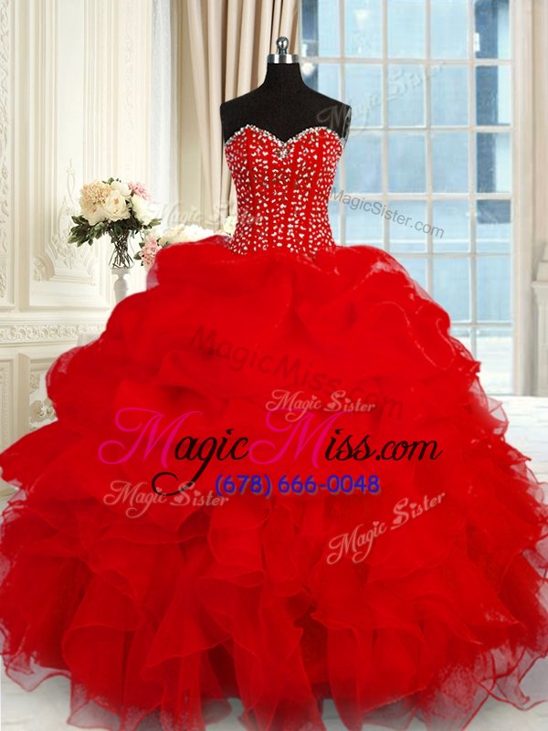 wholesale discount sweetheart sleeveless quinceanera gown floor length beading and ruffles wine red organza