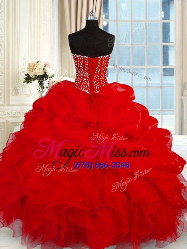 wholesale discount sweetheart sleeveless quinceanera gown floor length beading and ruffles wine red organza