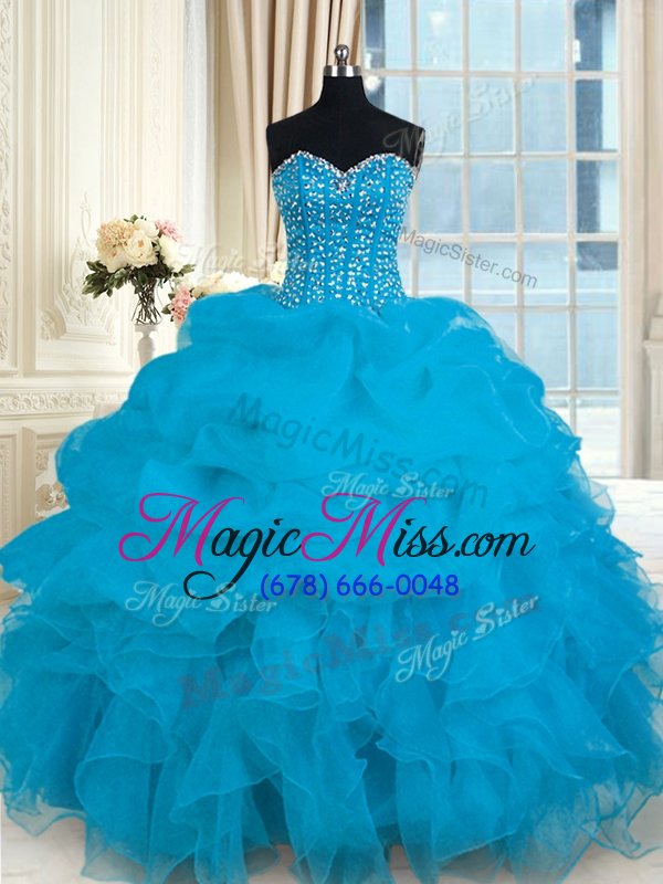 wholesale baby blue organza lace up sweetheart sleeveless floor length sweet 16 dress beading and ruffles