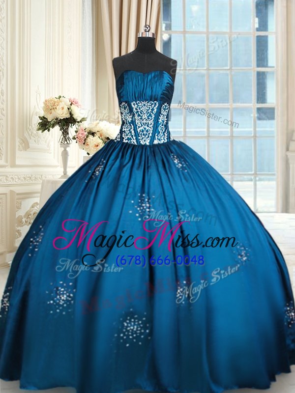 wholesale charming strapless sleeveless quinceanera gowns floor length beading and appliques and ruching blue and teal taffeta