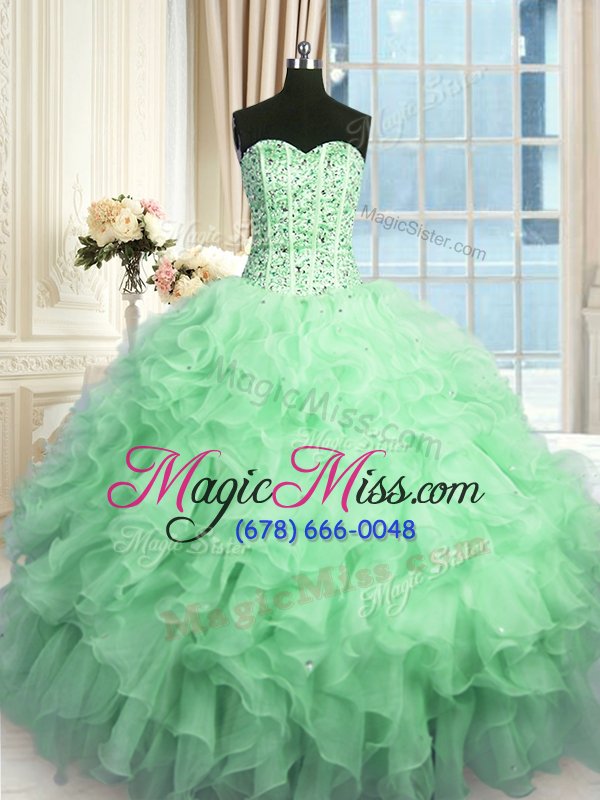 wholesale fancy apple green organza lace up sweet 16 quinceanera dress sleeveless floor length beading and ruffles and sequins