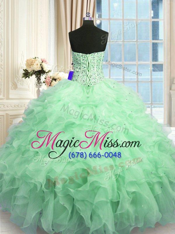 wholesale fancy apple green organza lace up sweet 16 quinceanera dress sleeveless floor length beading and ruffles and sequins