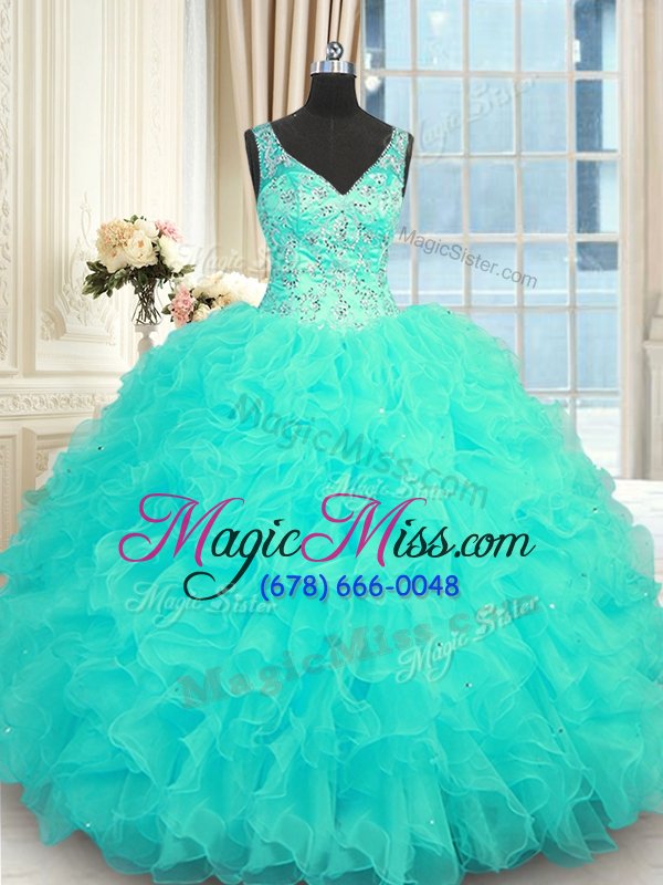 wholesale high class aqua blue zipper v-neck beading and ruffles 15th birthday dress organza sleeveless