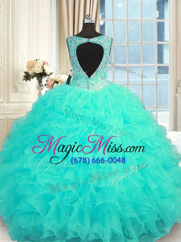 wholesale high class aqua blue zipper v-neck beading and ruffles 15th birthday dress organza sleeveless