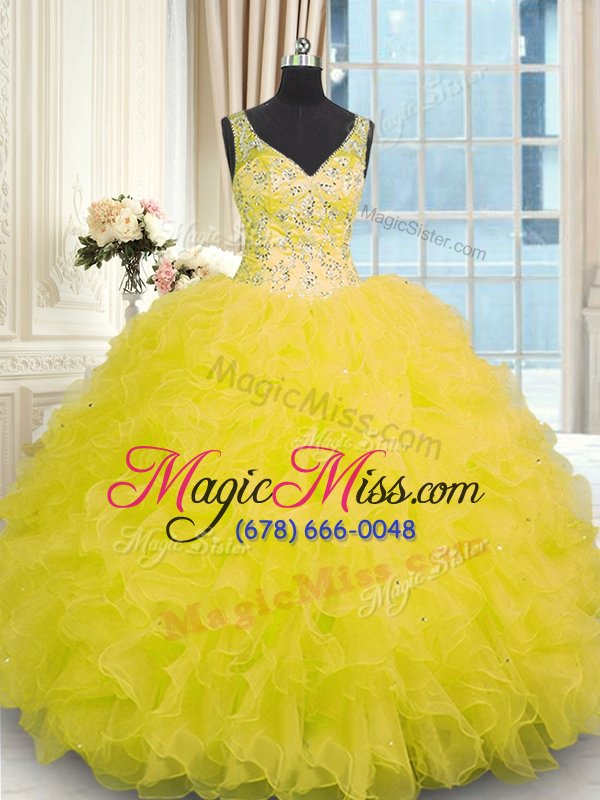 wholesale sleeveless floor length beading and ruffles zipper 15 quinceanera dress with yellow