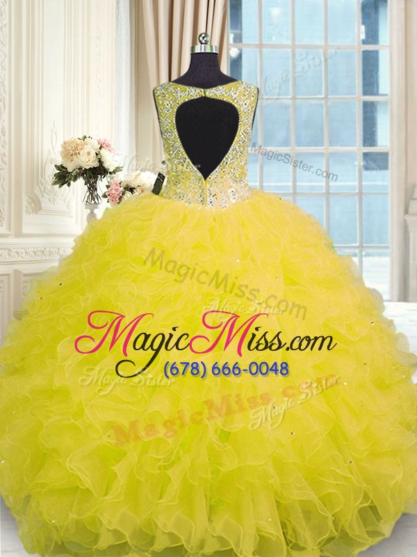 wholesale sleeveless floor length beading and ruffles zipper 15 quinceanera dress with yellow