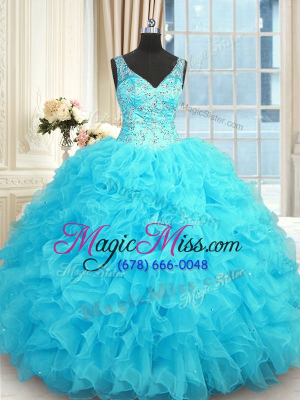 wholesale edgy baby blue v-neck neckline beading and ruffles vestidos de quinceanera sleeveless zipper