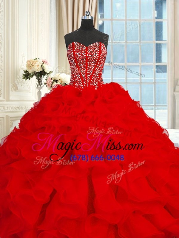 wholesale enchanting organza sweetheart sleeveless brush train lace up beading and ruffles quinceanera gown in red