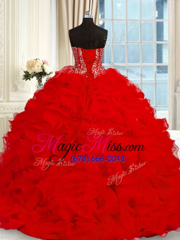 wholesale enchanting organza sweetheart sleeveless brush train lace up beading and ruffles quinceanera gown in red