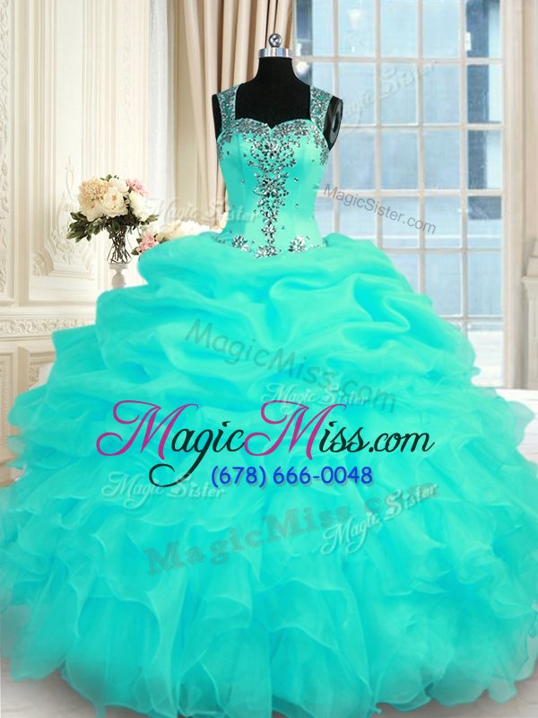 wholesale turquoise organza zipper straps sleeveless floor length quince ball gowns beading and ruffles