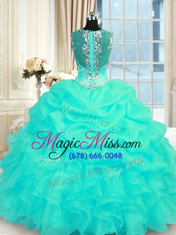 wholesale turquoise organza zipper straps sleeveless floor length quince ball gowns beading and ruffles