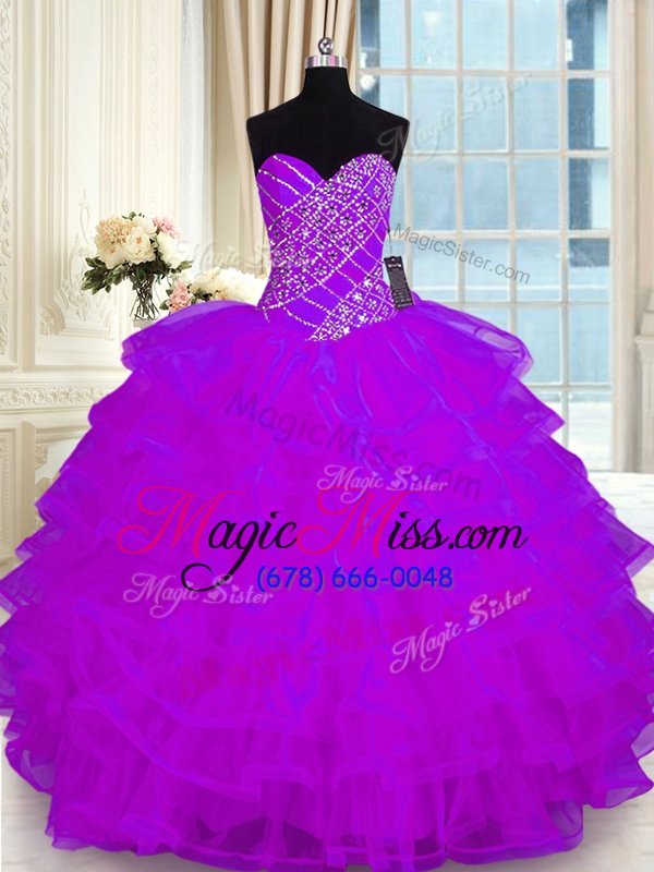 wholesale hot selling purple sweetheart lace up beading and ruffled layers quinceanera dresses sleeveless