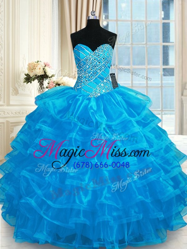 wholesale beautiful organza sweetheart sleeveless lace up beading and ruffled layers sweet 16 dress in blue