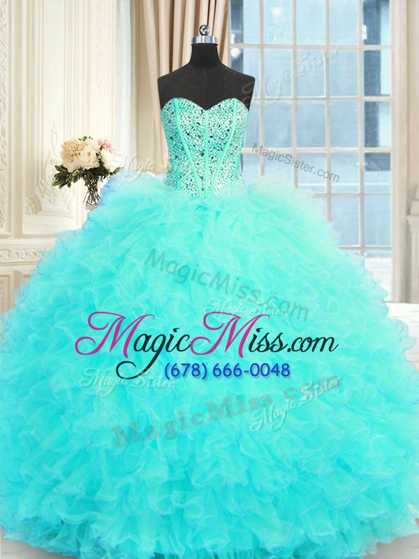 wholesale glamorous floor length aqua blue sweet 16 quinceanera dress tulle sleeveless beading and ruffles