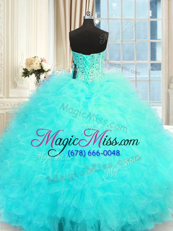 wholesale glamorous floor length aqua blue sweet 16 quinceanera dress tulle sleeveless beading and ruffles