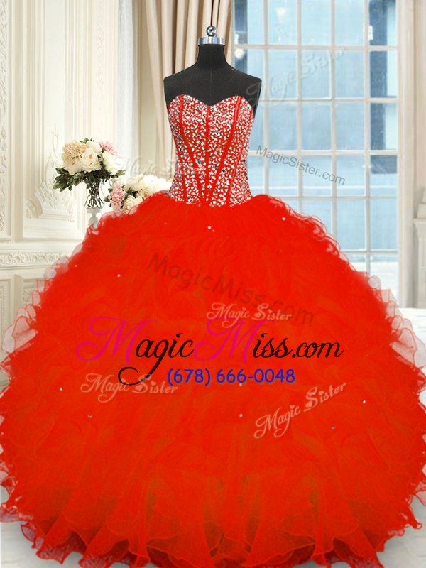 wholesale sleeveless organza floor length lace up 15 quinceanera dress in red for with beading and ruffles