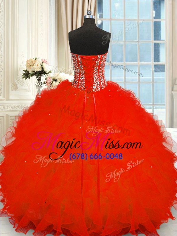 wholesale sleeveless organza floor length lace up 15 quinceanera dress in red for with beading and ruffles