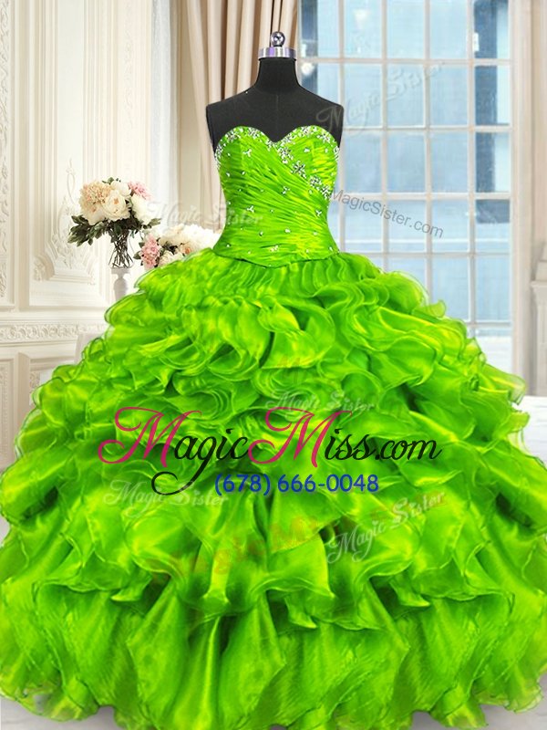 wholesale custom design sleeveless lace up floor length beading and ruffles and ruching quinceanera gown