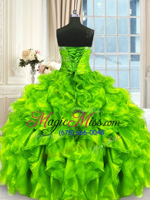 wholesale custom design sleeveless lace up floor length beading and ruffles and ruching quinceanera gown