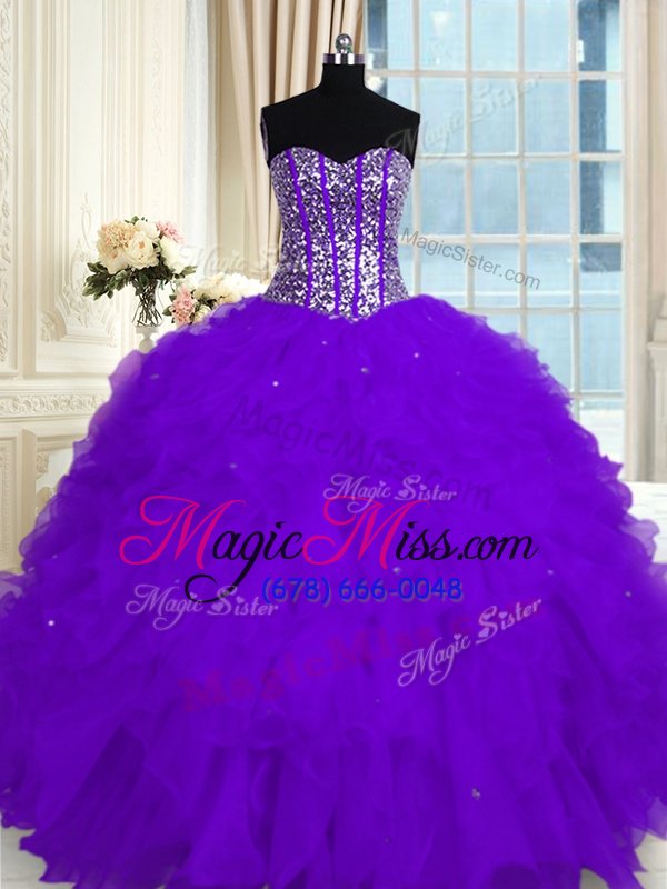 wholesale smart floor length lace up quince ball gowns eggplant purple and in for military ball and sweet 16 and quinceanera with beading and ruffles