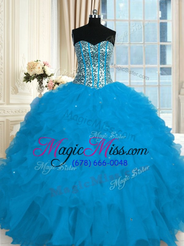 wholesale designer floor length blue quince ball gowns organza sleeveless beading and ruffles