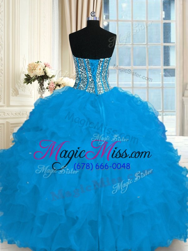 wholesale designer floor length blue quince ball gowns organza sleeveless beading and ruffles