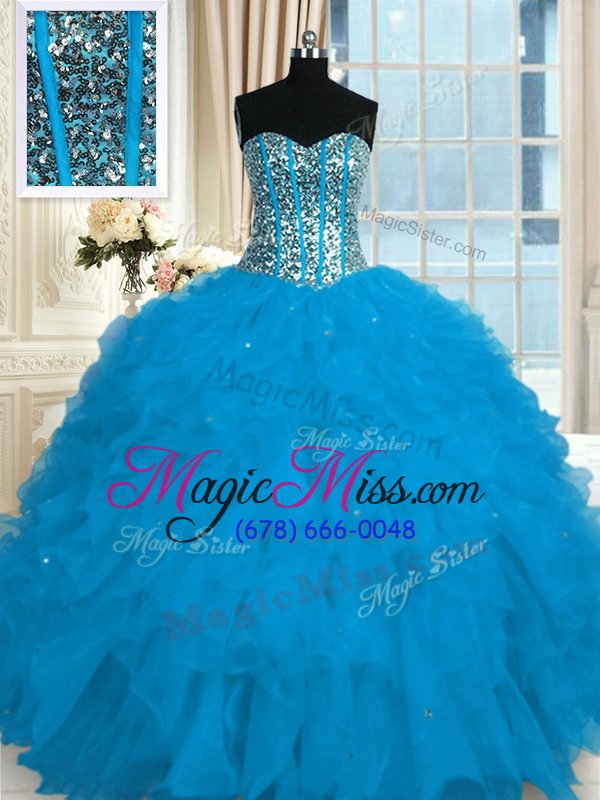 wholesale designer floor length blue quince ball gowns organza sleeveless beading and ruffles