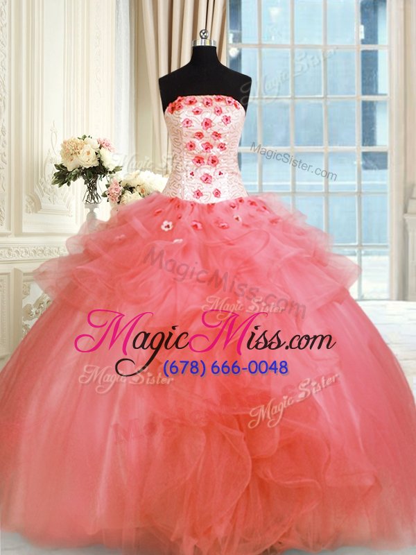 wholesale cheap sleeveless pick ups and hand made flower lace up quinceanera gown