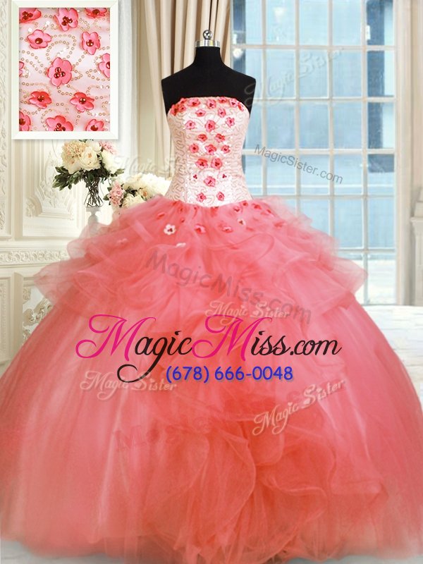 wholesale cheap sleeveless pick ups and hand made flower lace up quinceanera gown