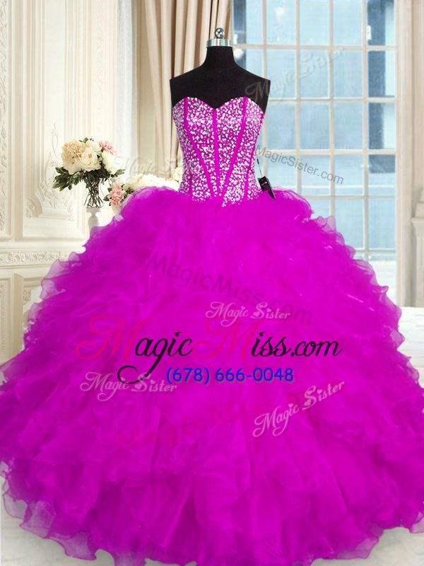 wholesale chic sleeveless organza floor length lace up quinceanera gowns in fuchsia for with beading and ruffles