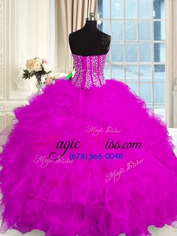 wholesale chic sleeveless organza floor length lace up quinceanera gowns in fuchsia for with beading and ruffles