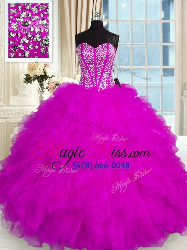 wholesale chic sleeveless organza floor length lace up quinceanera gowns in fuchsia for with beading and ruffles