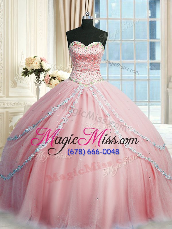 wholesale suitable sweetheart sleeveless quinceanera dresses with train court train beading and appliques pink tulle