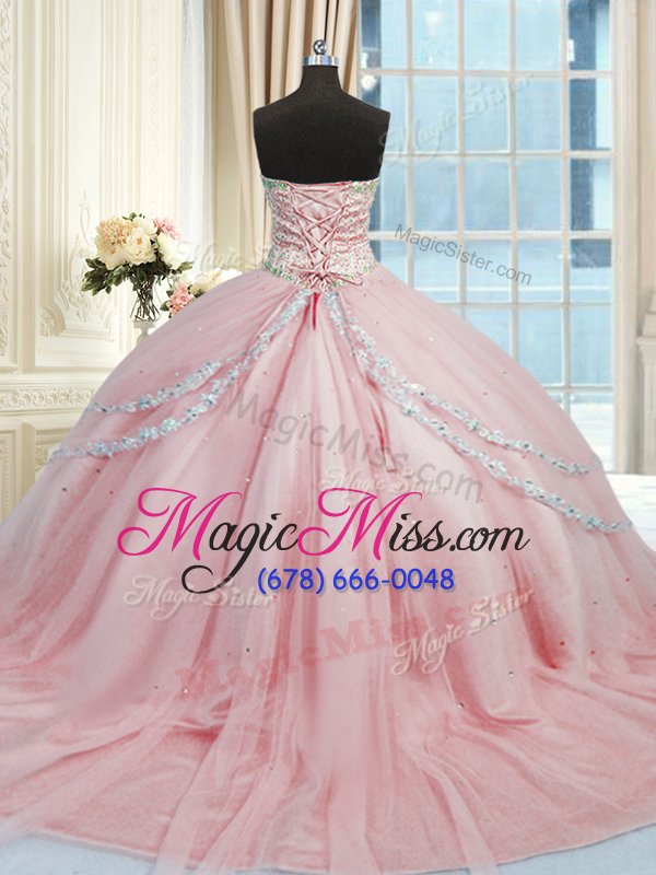 wholesale suitable sweetheart sleeveless quinceanera dresses with train court train beading and appliques pink tulle