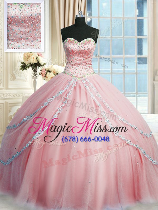 wholesale suitable sweetheart sleeveless quinceanera dresses with train court train beading and appliques pink tulle