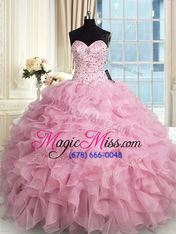 wholesale super sweetheart sleeveless quinceanera gown floor length beading and ruffles rose pink organza