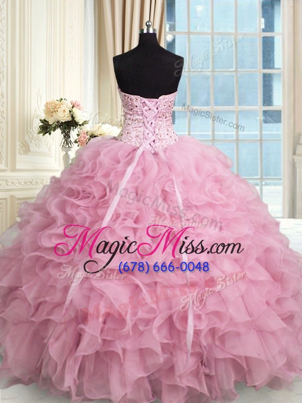 wholesale super sweetheart sleeveless quinceanera gown floor length beading and ruffles rose pink organza