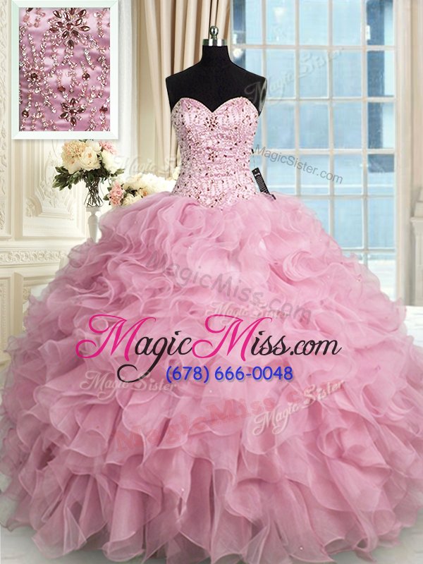 wholesale super sweetheart sleeveless quinceanera gown floor length beading and ruffles rose pink organza