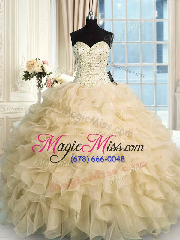 wholesale fashionable organza sleeveless floor length quinceanera dresses and beading and ruffles