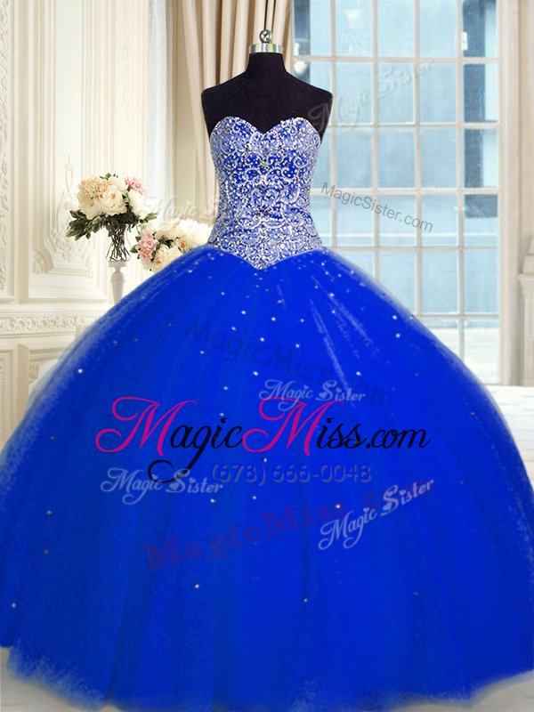 wholesale sleeveless tulle floor length backless sweet 16 dress in royal blue for with beading and sequins