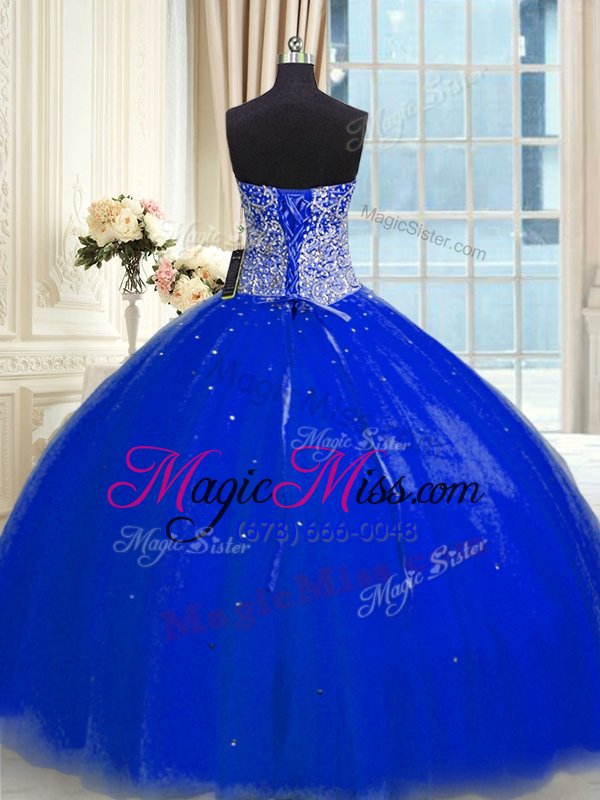 wholesale sleeveless tulle floor length backless sweet 16 dress in royal blue for with beading and sequins