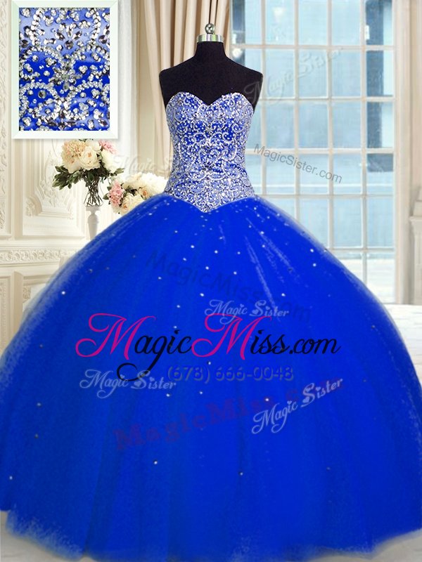 wholesale sleeveless tulle floor length backless sweet 16 dress in royal blue for with beading and sequins