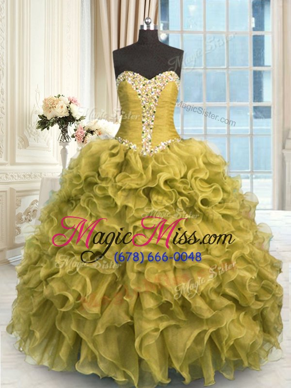 wholesale high class olive green lace up quinceanera gown beading and ruffles sleeveless floor length