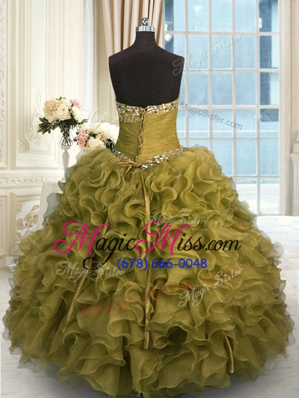 wholesale high class olive green lace up quinceanera gown beading and ruffles sleeveless floor length