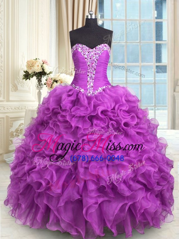 wholesale high class purple ball gowns beading and ruffles quinceanera dresses lace up organza sleeveless floor length