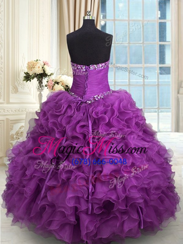 wholesale high class purple ball gowns beading and ruffles quinceanera dresses lace up organza sleeveless floor length