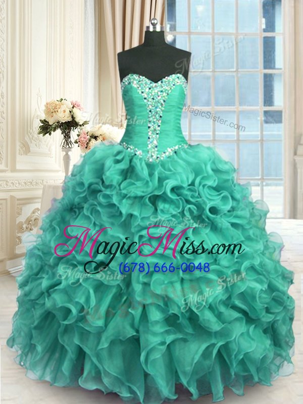 wholesale modest turquoise sleeveless floor length beading and ruffles lace up ball gown prom dress