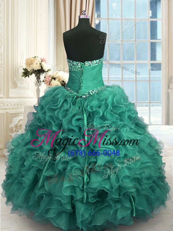 wholesale modest turquoise sleeveless floor length beading and ruffles lace up ball gown prom dress