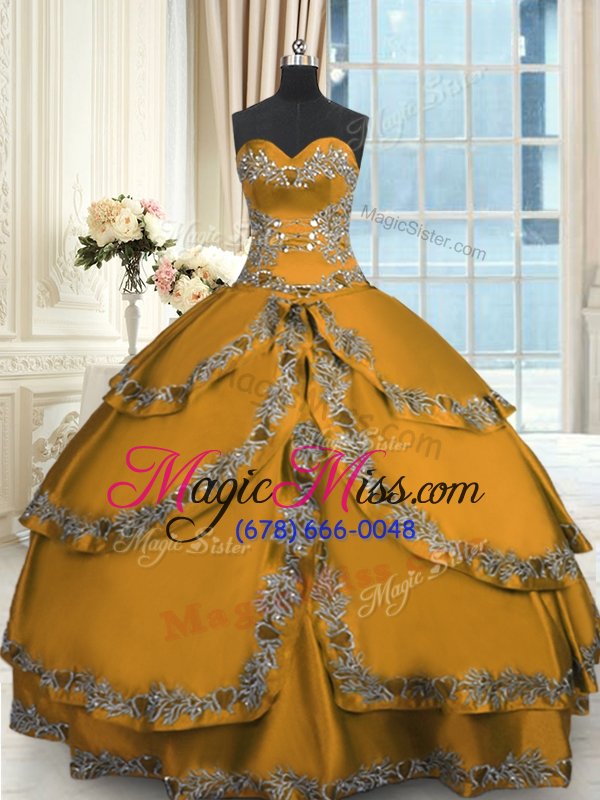 wholesale high end ruffled gold sleeveless taffeta lace up quince ball gowns for military ball and sweet 16 and quinceanera